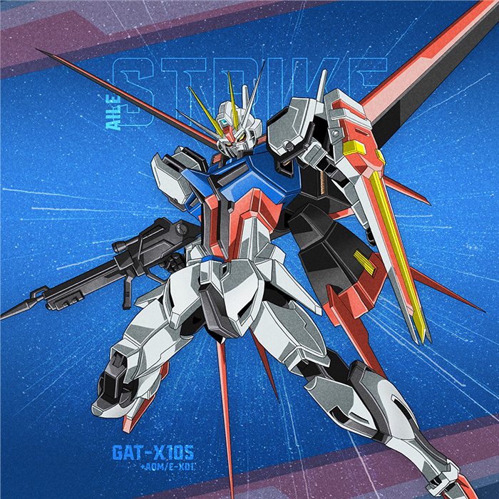 Drawn Aile Strike Gundam over a blue, starry background
