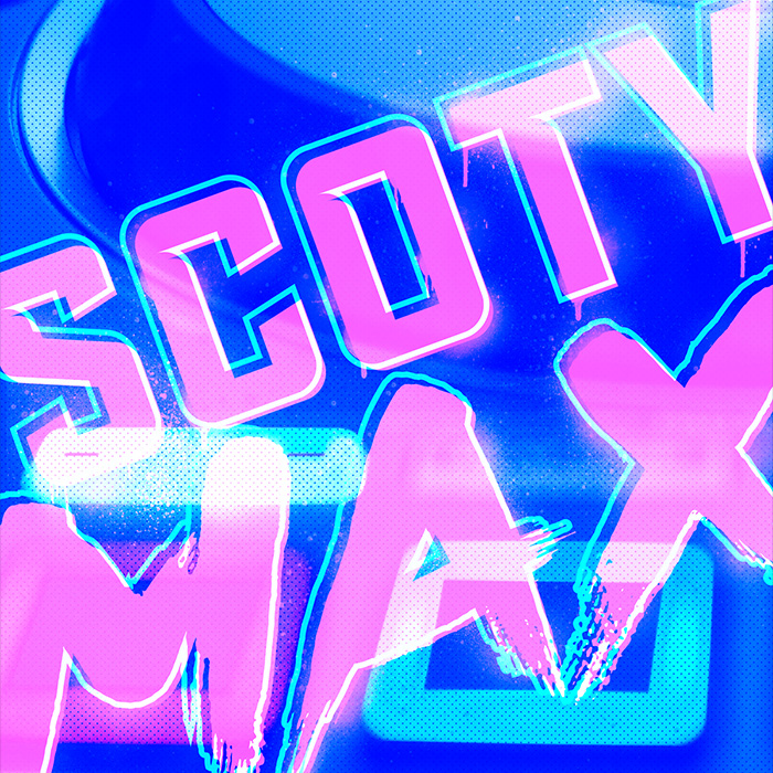 Square cropped wallpaper with scoty max text over Pioneer XDJ