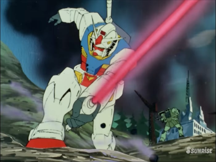 screengrab of the Gundam in episode 1